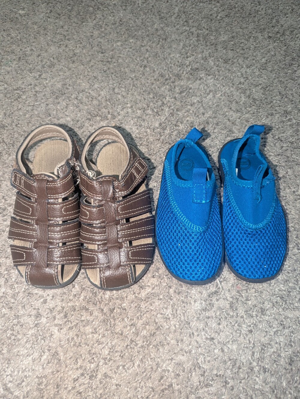 Toddler Little Boy Size 8 Brown Sandals And Blue Water Shoes Set Lot Summer Cute